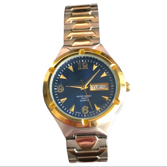 SILVER AND GOLD EXPANSION BAND BLUE FACE WATCH